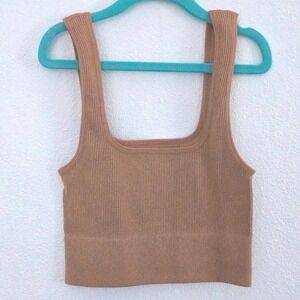 Zenana Ribbed Seamless Crop Tank Top Tan Camel Square Neck NT-54019A Small/Med